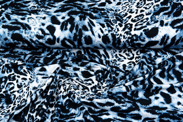 Katoenen Tricot bedrukt panther blauw-wit