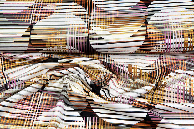 Katoenen Tricot bedrukt colorful dot stripes geel-wit