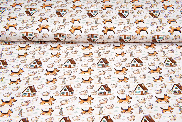 Katoenen Tricot digitaal bedrukt little dogs with sheep