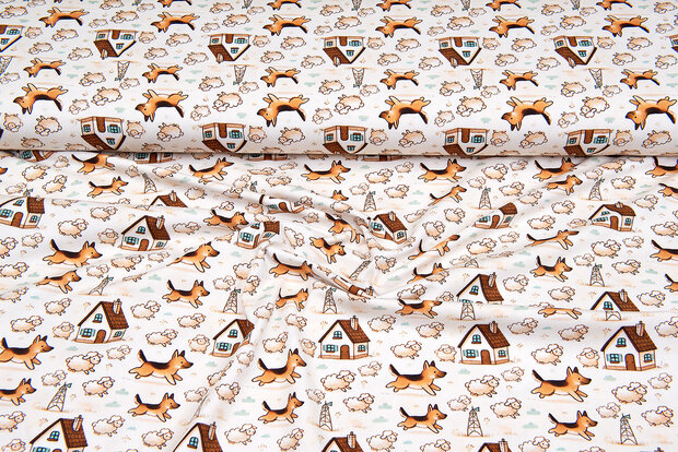 Katoenen Tricot digitaal bedrukt little dogs with sheep