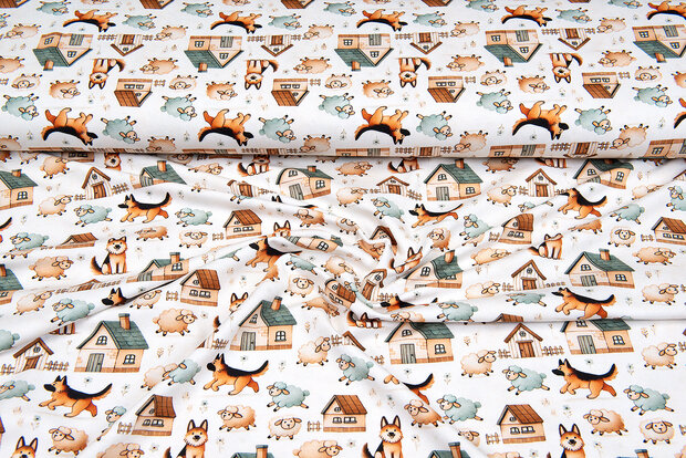 Katoenen Tricot digitaal bedrukt farm dogs with sheep