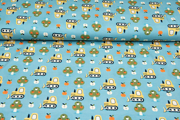 Katoenen Tricot digitaal bedrukt apple with bulldozer mint