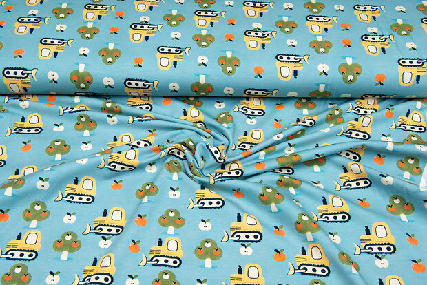 Katoenen Tricot digitaal bedrukt apple with bulldozer mint