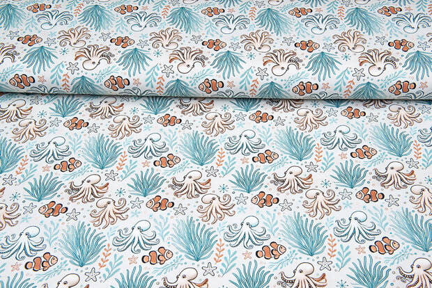 Katoenen Tricot digitaal bedrukt sealife