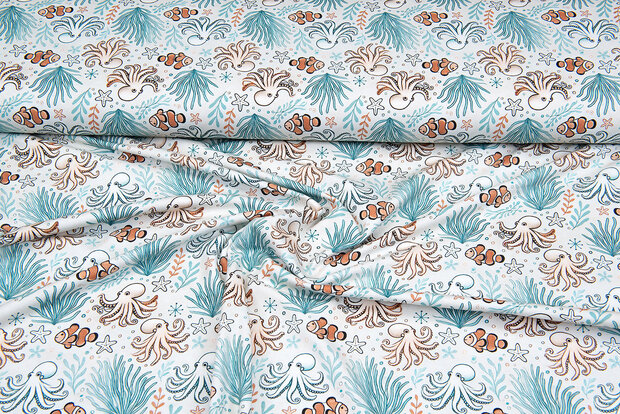 Katoenen Tricot digitaal bedrukt sealife