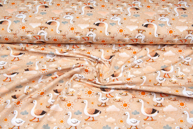 Katoenen Tricot digitaal bedrukt lovely goos camel