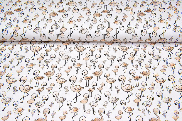 Katoenen Tricot digitaal bedrukt lovely flamingo lichtzand