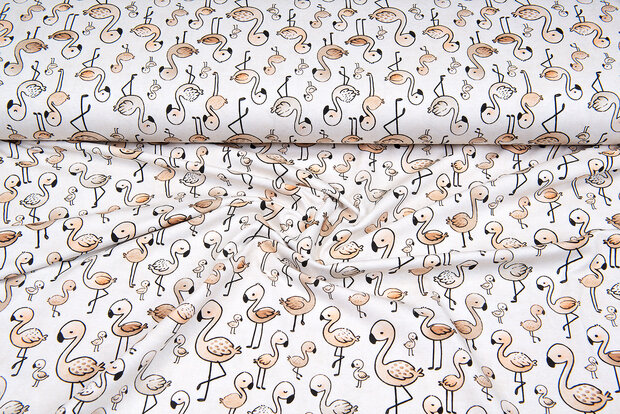 Katoenen Tricot digitaal bedrukt lovely flamingo lichtzand
