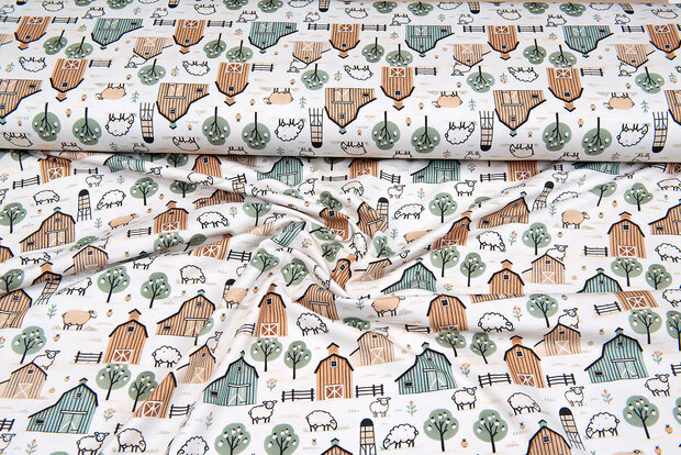 Katoenen Tricot digitaal bedrukt little farm with sheep