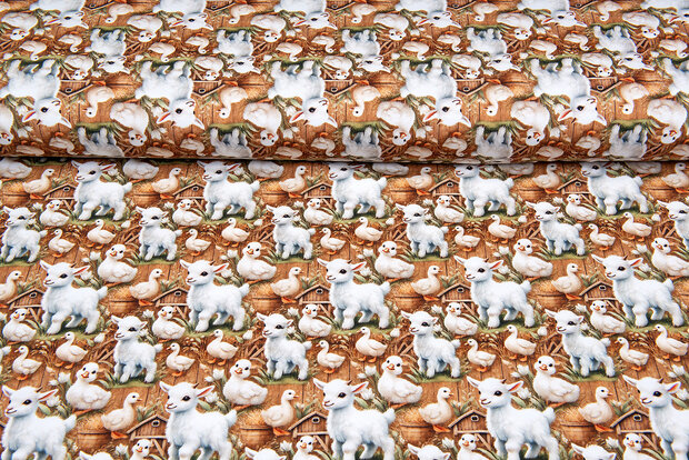 Katoenen Tricot digitaal bedrukt little goat-duck