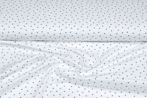 Katoenen Tricot bedrukt mini hearts ecru - blauw