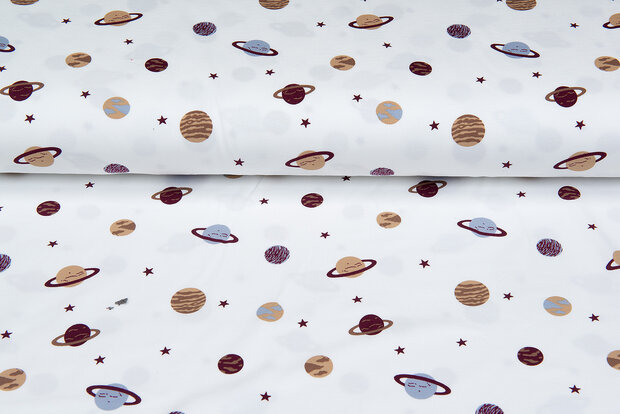 Katoenen Tricot bedrukt mini astro world ecru - bordeaux