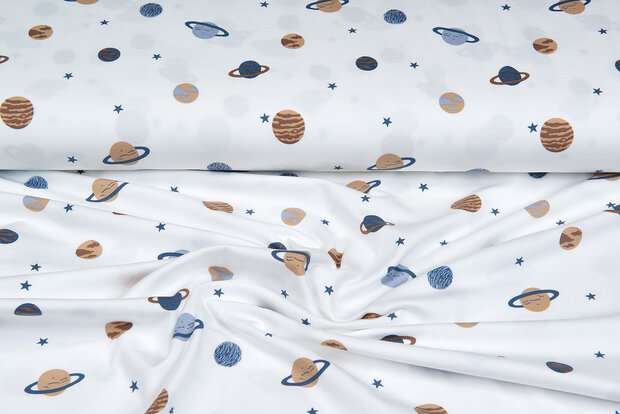 Katoenen Tricot bedrukt mini astro world ecru - metaalblauw