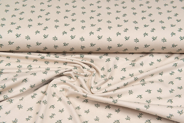 Katoenen Tricot bedrukt mini branches zand