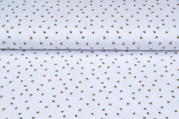 Katoenen Tricot bedrukt mini bee wit