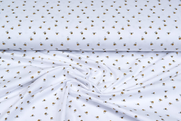 Katoenen Tricot bedrukt mini bee wit