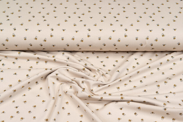 Katoenen Tricot bedrukt mini bee zand