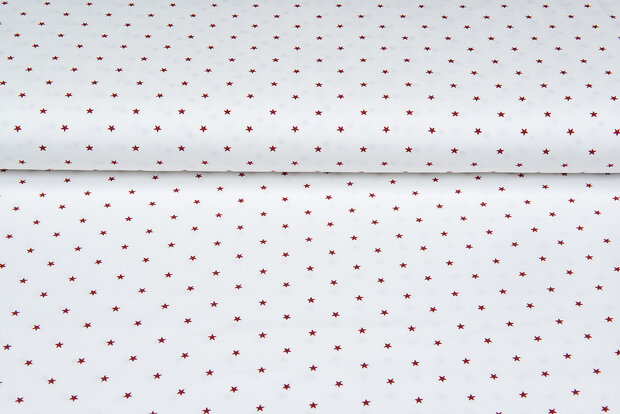 Katoenen Tricot bedrukt mini stars ecru - rood