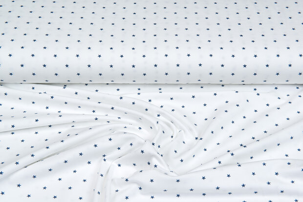 Katoenen Tricot bedrukt mini stars ecru - metaalblauw