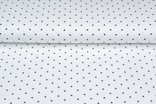 Katoenen Tricot bedrukt mini stars ecru - donkerblauw