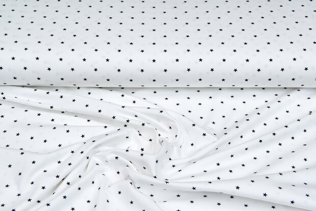 Katoenen Tricot bedrukt mini stars ecru - donkerblauw