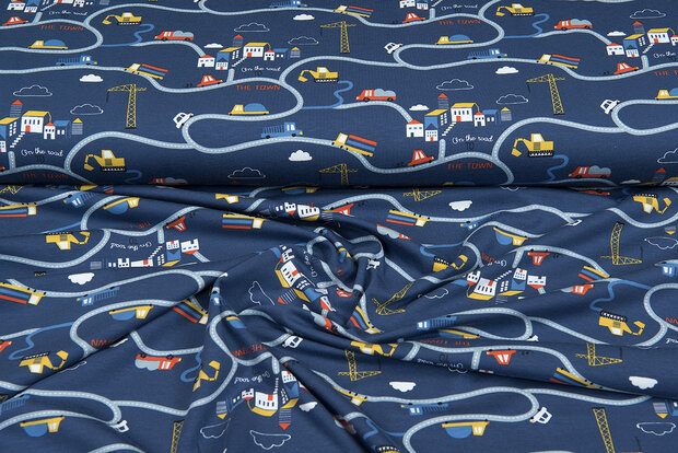 Katoenen Tricot bedrukt traffic denim