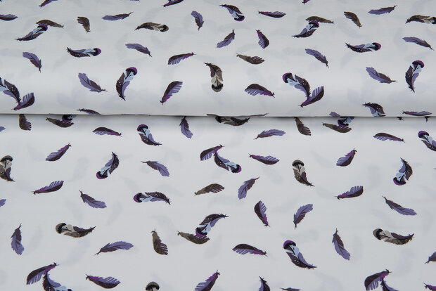 Katoenen Tricot bedrukt feathers off-white
