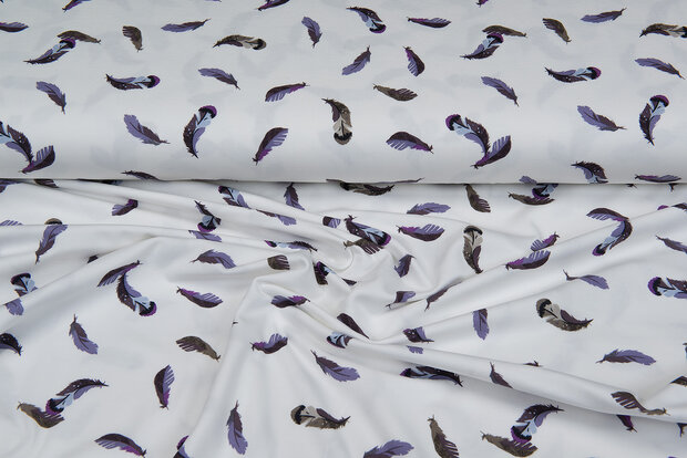 Katoenen Tricot bedrukt feathers off-white