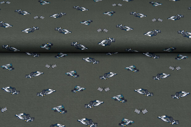 Katoenen Tricot bedrukt race cars legergroen