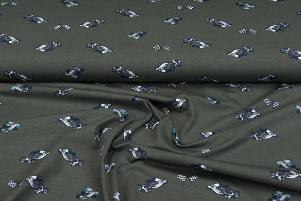 Katoenen Tricot bedrukt race cars legergroen