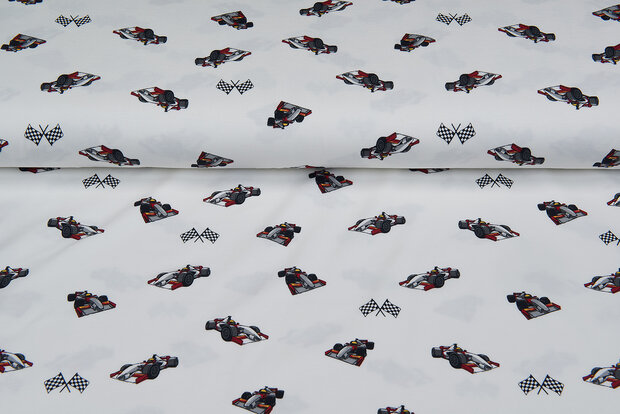 Katoenen Tricot bedrukt race cars off-white