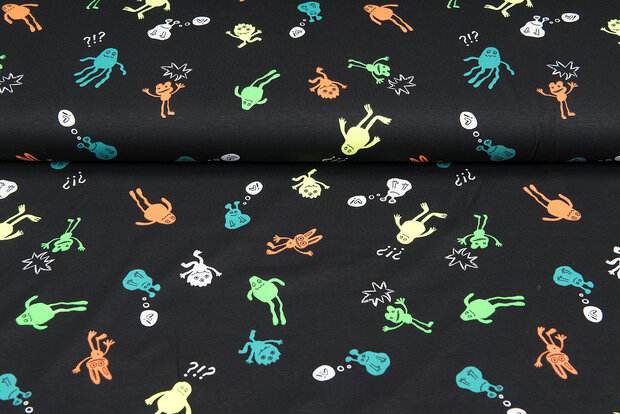 Katoenen Tricot bedrukt neon monsters zwart