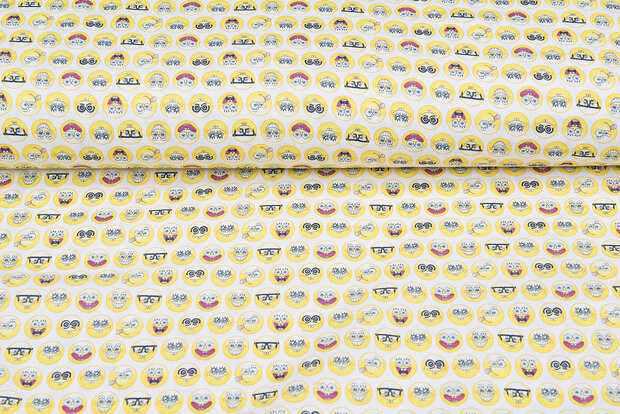 Licentie Katoen Poplin bedrukt Spongebob wit-geel