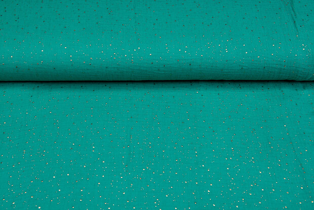 Katoenen mousseline bedrukt glitzer gold emerald