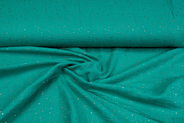 Katoenen mousseline bedrukt glitzer gold emerald