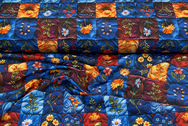 Katoenen Tricot digitaal bedrukt embroidered flower blauw-oranje