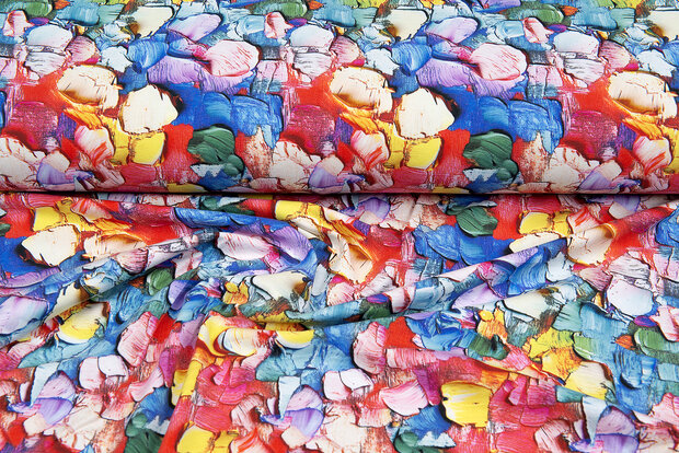 Katoenen Tricot digitaal bedrukt painted flower multicolor