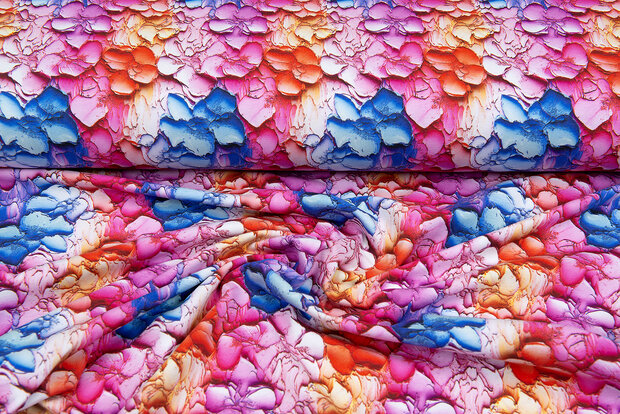 Katoenen Tricot digitaal bedrukt painted flower roze-blauw