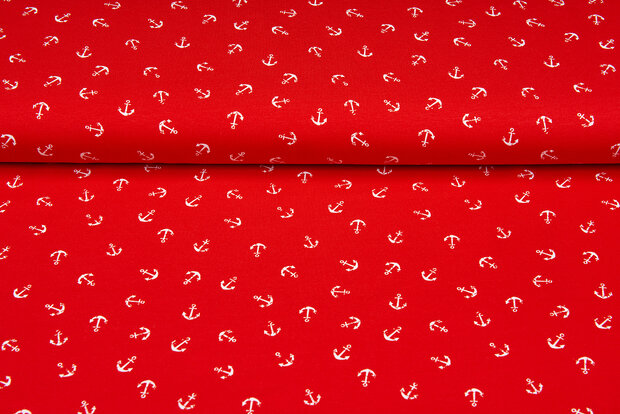 Katoenen Tricot bedrukt anchor rood