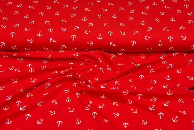Katoenen Tricot bedrukt anchor rood
