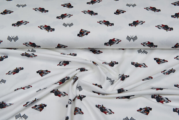 Katoenen Tricot bedrukt race cars off-white