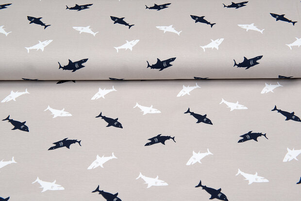 Katoenen Tricot bedrukt sharks zand-taupe