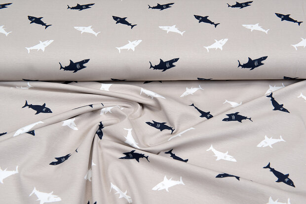Katoenen Tricot bedrukt sharks zand-taupe