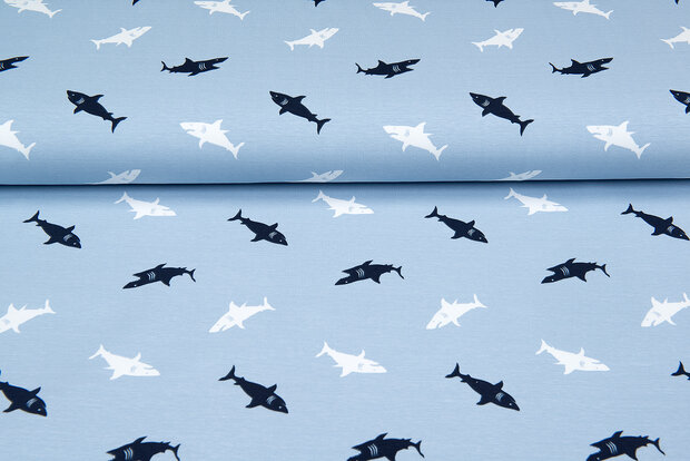 Katoenen Tricot bedrukt sharks blauw