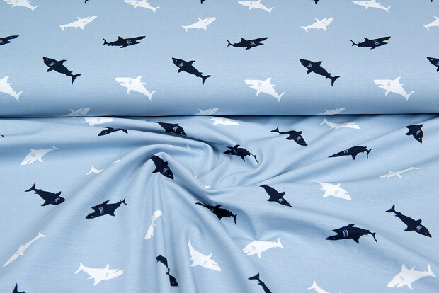 Katoenen Tricot bedrukt sharks blauw