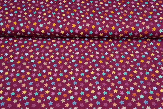 Katoenen Tricot bedrukt little stars bordeaux