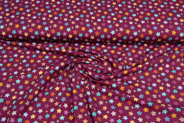 Katoenen Tricot bedrukt little stars bordeaux