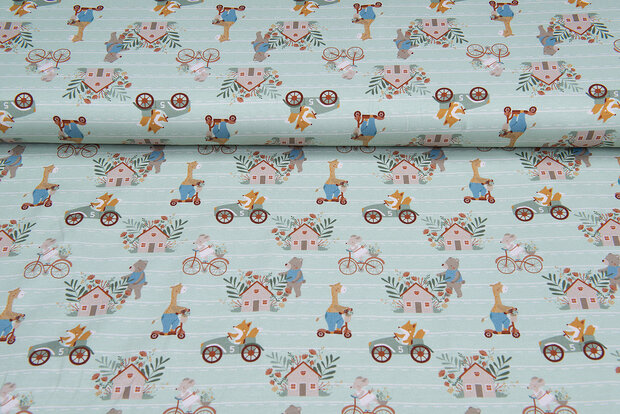 Katoenen Tricot bedrukt retro animals mint