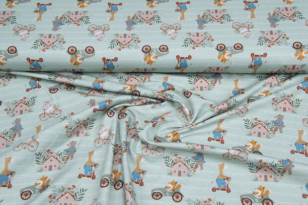 Katoenen Tricot bedrukt retro animals mint