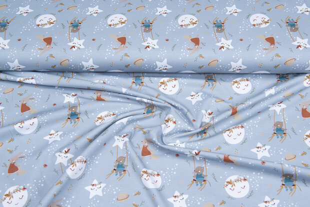 Katoenen Tricot bedrukt cute stars grijs